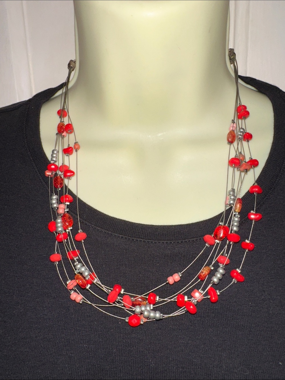 Chico’s Red, Pink & Silver Tone Multi-Strand Beaded‎ Necklace